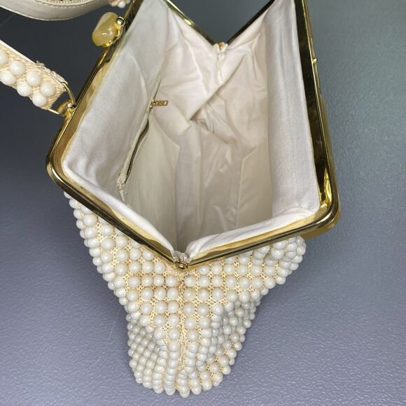 Vintage JEM Handbag Lucite Beaded Hand-Made British Hong Kong Cream Mid Century - Picture 13 of 16